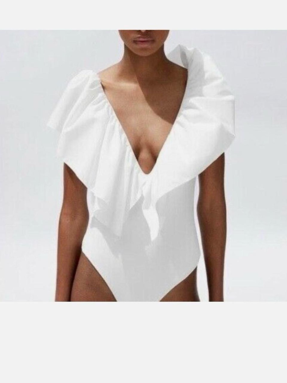 Zara White Ruffle V‑Neck One‑Piece Swimsuit